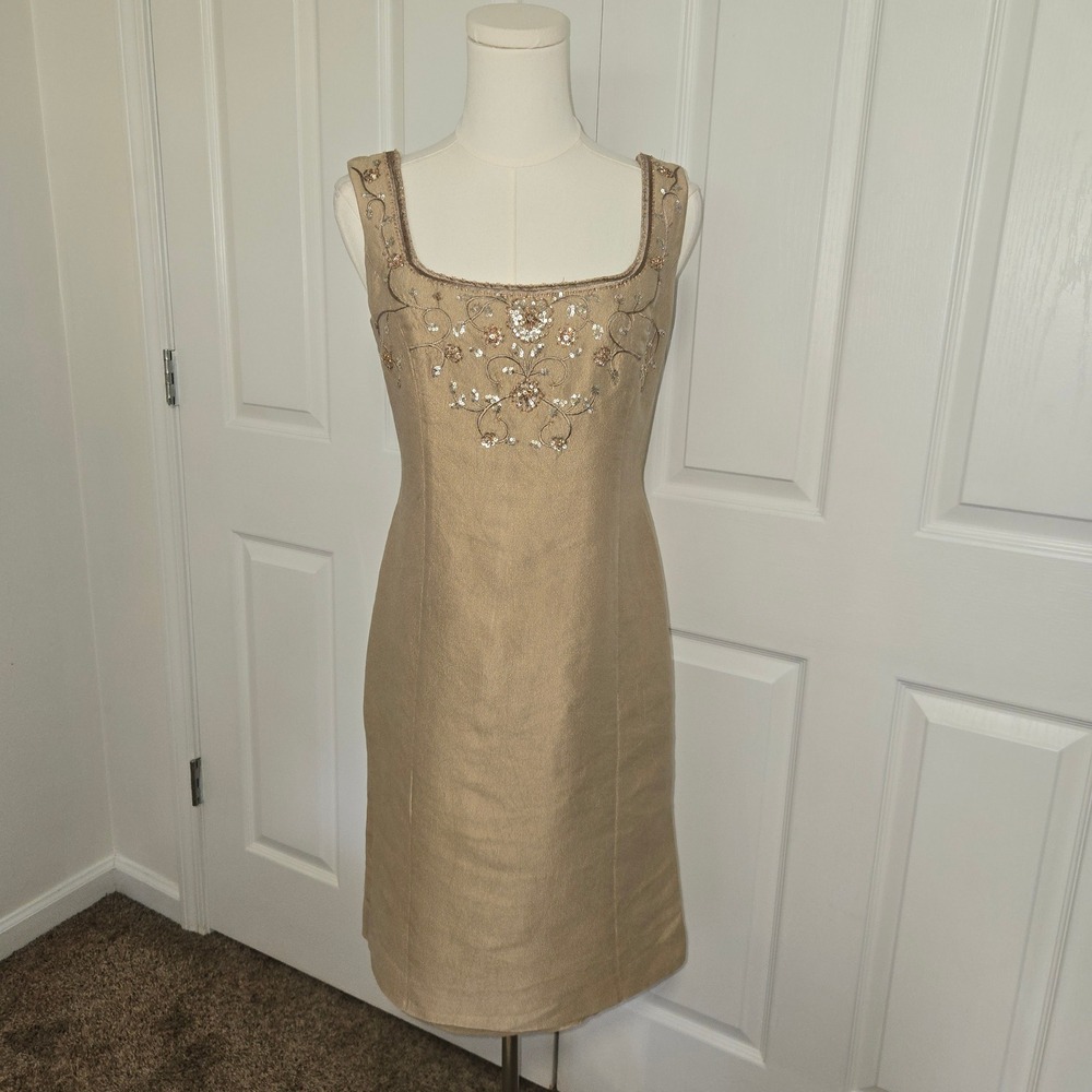 Talbots‎ Sheath Dress Womens 6 Gold Silk Blend Embroidered Sequin Square Neck